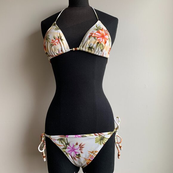 Billabong Surf BLUE CRUSH Vintage bikini natural floral beaded triangle low rise - Picture 7 of 7